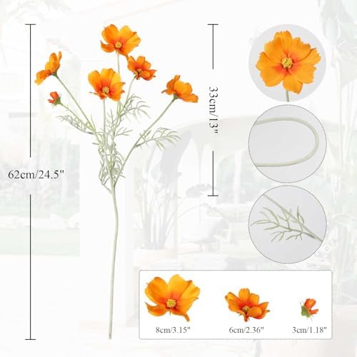 IPOPU Orange Silk Flowers Artificial Daisies 5PCS Cosmos Artificial Flowers Fake Wildflowers Daisy Flowers with Stems for Home Decor Indoor Floral Arrangements Centerpiece (Orange) - Image 2