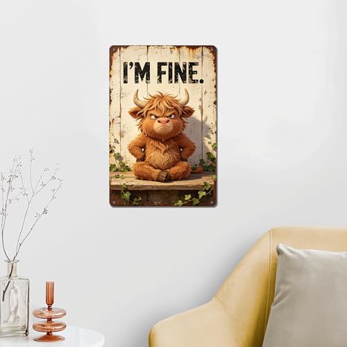 Grumpy Highland Cow with I'M FINE Funny Slogan Vintage Wall Art,Premium Solid Aluminum Metal Sign, Rustic Farmhouse Decor for Bathroom Bar Home, Multipurpose Novelty Wall Plaque Gift 8x12 Inch - Image 2