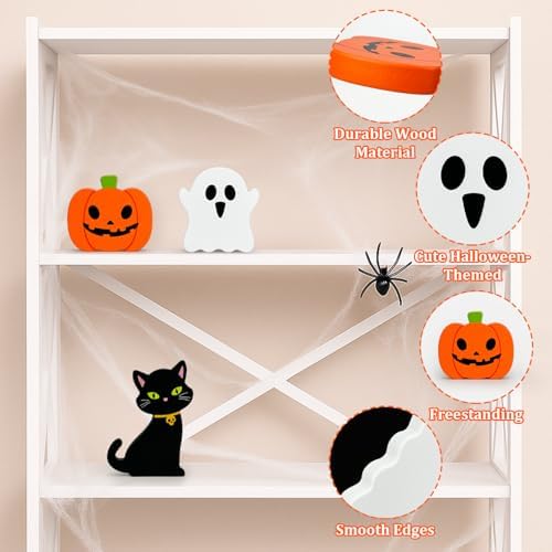 Halloween Decorations for Indoor Home 3 Pcs, Cute Wooden Pumpkin Ghost Black Cat Decor for Tabletop Tiered Tray, Halloween Centerpiece Sign for Desk Fireplace Office Shelf Farmhouse Rest Bathroom Dorm - Image 4