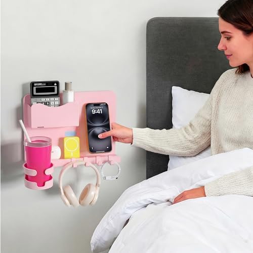 Floating Shelves for Bedside Shelf Accessories Organizer, Wall Mount Shelf Stick On, Cute Room Decor Aesthetic, Girls Room Decor, Cool Stuff for Bedroom Storage and Organization (Pink) - Image 2