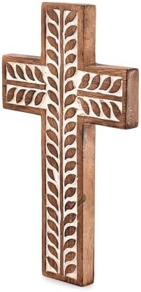 NIRMAN Mango Wood Religious Catholic Cross Wall Hanging Floral Carvings Living Room Home Décor for Entryway Office Living Room (10" x 6" x 0.75") - Image 2