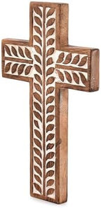 NIRMAN Mango Wood Religious Catholic Cross Wall Hanging Floral Carvings Living Room Home Décor for Entryway Office Living Room (10" x 6" x 0.75") - Image 2