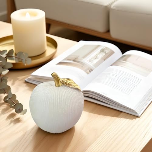 Sandstone White Apple Figurine with Gold Leaf, Textured Resin Fruit Sculpture, Modern Neutral Home Decor Statue Accent for Kitchen Counter, Coffee Table, Shelf & Dining Table Centerpiece - Image 5