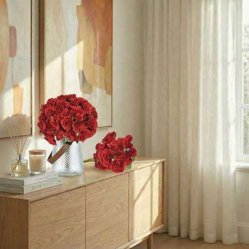 Silk Roses Flower Bouquet 4 Bundles 60 Heads for Wedding Home, Red - Image 4