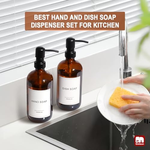 GMISUN Amber Glass Soap Dispenser, 6 Pack Bathroom Hand Soap Dispensers with Stainless Steel Pump, 17 Fl Oz Kitchen Hand and Dish Soap Dispenser Set, Modern Vintage Liquid Brown Soap Dispensers Bottle - Image 5