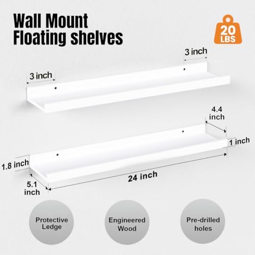 48inch Long Floating Shelves for Wall Decor, 5-Set Shelves with Lip, White - Image 3