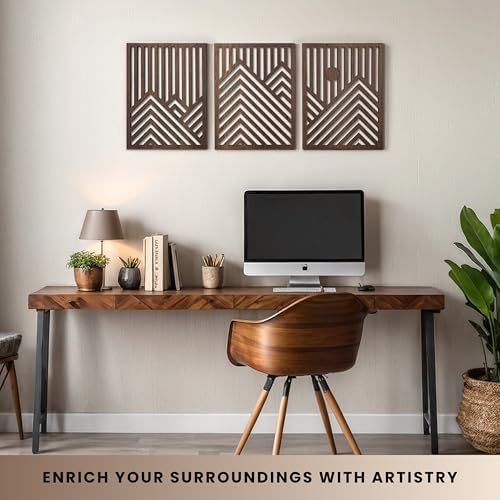 qmmp Modern Wooden Wall Sculptures - Set of 3 - Home Decor Accent - Large Wall Art for Living Room, Bedroom, Office - Easy Installation (Walnut, Medium - Mountain and Sun) - Image 3