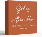 God Is Within Her Bible Verse Artwork Orange Wood Box Sign Rustic Farmhouse Style Psalm 46 : 5 Christian Wood Block Plaque 5 X 5 Inches Home Office Desk Sign Decor for Presents by ENGVZ