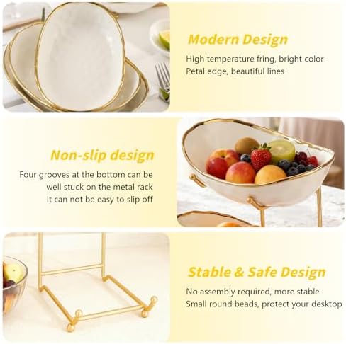 jessie 2 Tier Ceramic Fruit Bowl for Kitchen Counter with Metal Rack, Fruit Basket with Stand, Porcelain Bowls for Vegetable Bread Candy Snack Nuts Dessert Cake Tray (Gold 2 layer) - Image 6