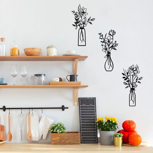 ARTINME 3 Pieces Metal Flowers Wall Arts - Rustic Farmhouse Decor Minimalist Flower Wall Decors for Living room Bathroom Kitchen Bedroom Dining Room - Housewarming Gifts (Black) - Image 6