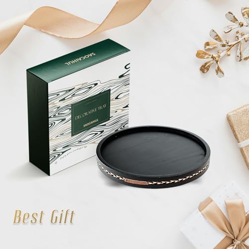 Round Wooden Decorative Tray Coffee Table Tray Home Decor 11.8" Strip Black - Image 6