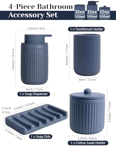 INGOFIN 4 Pcs Ceramic Bathroom Accessory Set - Liquid Soap Dispenser, Toothbrush Holder,Contain Cotton Swab Jar & Soap Dish,Countertop Accessories for Home, Guest Bathroom, Office, Matte Blue - Image 2