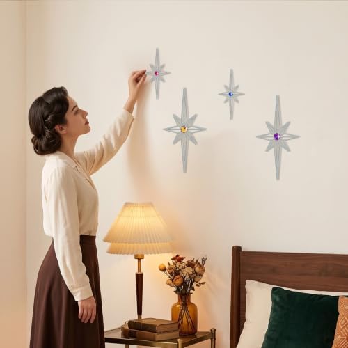sxnzequnze 4 Pcs Star Wall Art for Home Decor Living Room Bedroom Office Metal 3D,Bling,with Hanging Hook Starburst Midcentury Sculpture Retro Gallery Accent Celestial -Silver 16.5in/9.4in - Image 4