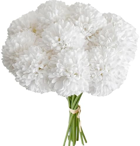 Mandy's 12pcs Artificial Pure White Ball Chrysanthemum Flowers by Mandys