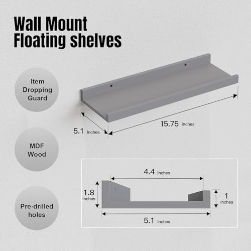 RICHER HOUSE 5-Set Floating Shelves with Lip, Grey Wall Mounted Wood Shelf - Image 3