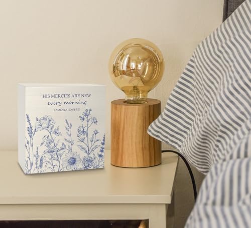 Ku-Dayi Blue and White Flowers Bible Verse Wooden Box Sign, Scripture Christian Wood Box Decorations for Church Home, His Mercies Are New Every Morning Wooden Block Plaque Desk Shelf Decor 5x5 Inch - Image 4
