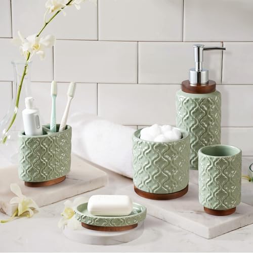 RQYIXI Ceramic Bathroom Accessories Set,Sage Green,5 Piece,Cotton Swab Jar - Image 5