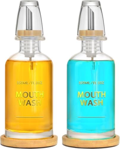 Mouthwash Dispenser for Bathroom 11.8oz – Glass Mouthwash Bottle with Cup & Bamboo Tray, Gold Hot-Stamped Lettering, Silicone Base, Modern Bathroom Accessory (Clear, 11.8oz, 2pack) by Ledanba