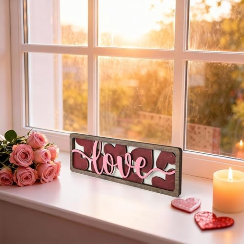 Vintage Valentine's Day Decorations for Office, Home, Table, Mantel, Shelf, Desk, 3 1/2 x 11 Inch Retro Valentine's Love Sign, Wooden Valentine Decor Sign, Farmhouse Red Pink Decoration (Love) - Image 5