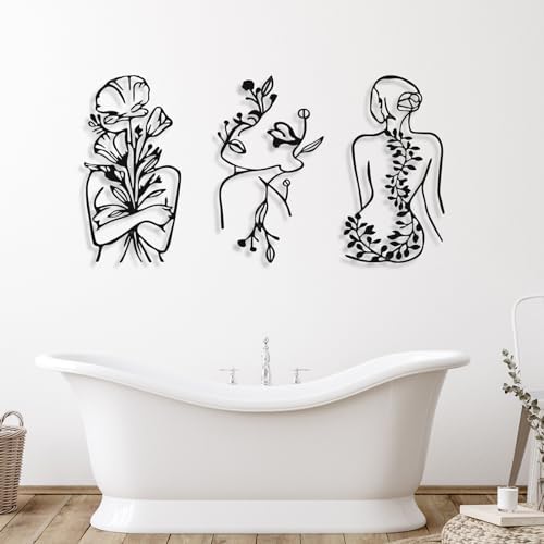 Photect 3 Pcs Metal Wall Art Minimalist Woman Line Decor, Plant, Black - Image 6