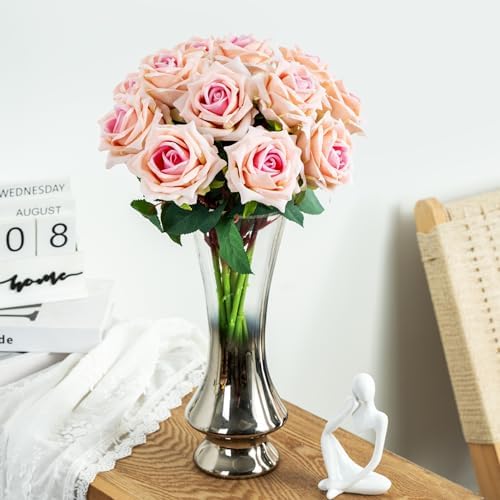 Ttranewsoo 12PCS Artificial Roses with Stems, Realistic Pink Fake Roses, Silk Rose Flowers for Vases, DIY Bouquets, Wedding Centerpieces, Bridal Shower & Home Decor, 16.5 Inch - Image 5