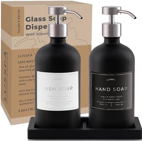 Glass Soap Dispenser Set of 2 (Black) with Silicone Tray | Hand and Dish Soap Dispenser for Kitchen and Bathroom | 16.8 Oz Glass Bottles with Stainless Steel Pump & 15 Waterproof Labels (Black/Silver) - Image 7