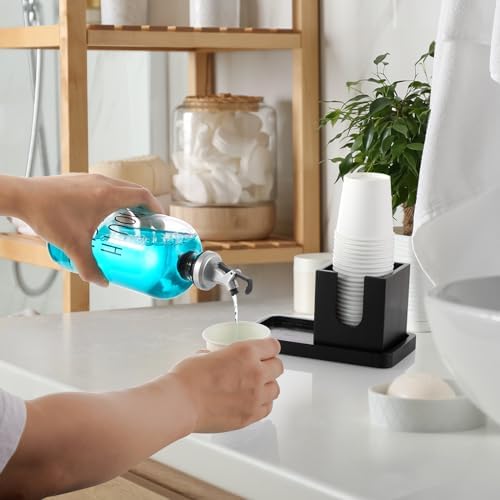 Glass Mouthwash Dispenser for Bathroom, 16 OZ Mouthwash Dispenser with Pour Spout and Wood Cup Holder and Tray, Mouth Wash Bottle Container, Black Kitchen Bathroom Decor and Accessories - Image 6