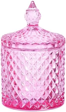 Sizikato Pink Diamond Faceted Glass Candy Jar with Lid, 18oz Decorative Jar, Nut Jar, Dried Fruit Storage Jar by Sizikato