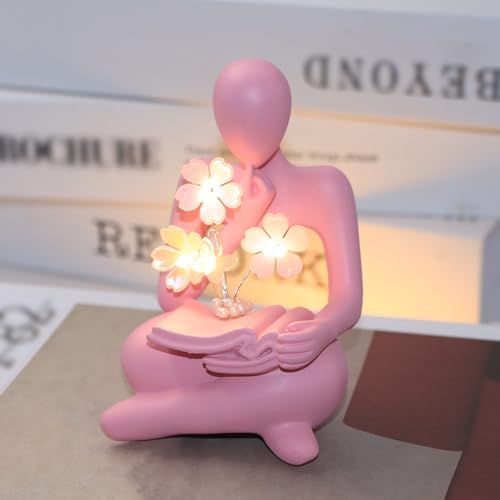 Bookshelf Decor Thinker Statue, Battery Powered Night Light, Modern Abstract Reading Figurines Home Decoration, Aesthetic Living Room Shelf Table Decor, Book Lover Gifts (Pink) by Sewinde