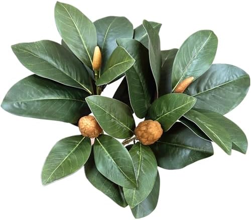 Artificial Magnolia Leaves Plant, Fake Branches 18.5 Inch 3D Plastic Leaf Greenery Bushes Faux Simulation Shrubs Stems Twigs for Home Garden Decor Vase Office Wedding Party DIY Decoration Green 2 Pack by CATTREE