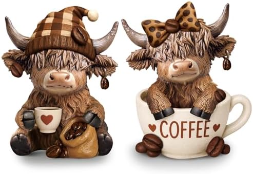 Wesiti 2 Pcs Highland Cow Figurines, Coffee Resin Statue Desk Decor by Wesiti