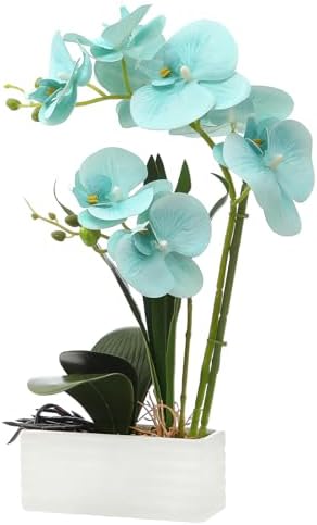 Artificial Real Touch Orchid Flowers with White Ceramic Vase, Golden Blue by FuleHouzz