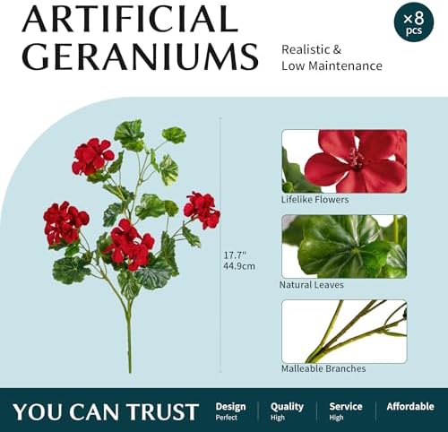 Artificial Geraniums for Outdoors, 8 Stems 17.7 Inch Red Faux Geranium Bush Fake Flowers UV Resistant Fall Porch Patio Garden Planter Window Box Indoor Decor, Pot Not Included - Image 2