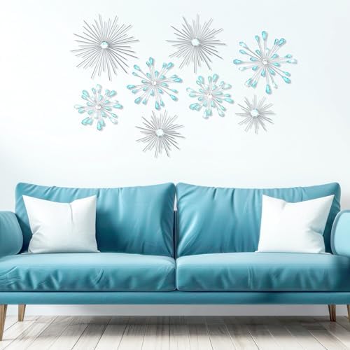 Blulu 8 Pcs Teal Blue Metal Wall Decor Cast Iron Starburst Wall Art Bling Crystal Sculptures Living Room 3D Teardrop Radial Rhinestone Hanging Diamond Accents for Home Office Bedroom Entryway - Image 4