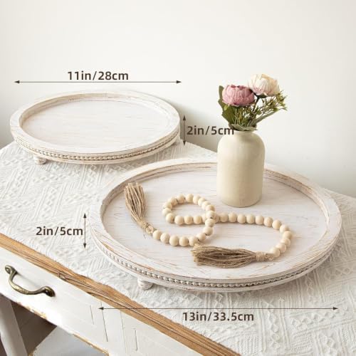 2 Piece Whitewashed Wooden Serving Tray Set with Beaded Design, Farmhouse Centerpiece Table Decorations, Round Coffee Table Tray for Living Room Home Decor, Ottoman Tray Decor for Rustic Styles - Image 4