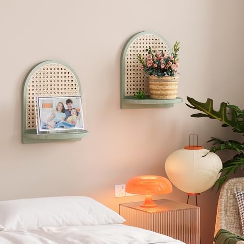 Rattan Shelf Set of 2, 7'' Rattan Shelf with Wicker Decor, Boho Wall Decor Small Floating Shelf for Plant Figurines Display, Mini Shelves for Knick Knack Storage, Green - Image 2