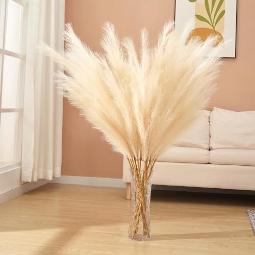 7 Pcs 45" Faux Pampas Grass – Fluffy Artificial Pompous Grass for Tall Floor Vase, Non-Shedding Home Decor, Boho Wedding Flowers, Baby Shower Centerpieces, Bedroom & Living Room Decor (Beige) - Image 4