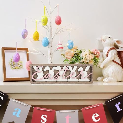 Vintage Happy Easter Decorations for Office, Home, Table, Mantel, Shelf, Desk, 3 1/2 x 11 Inch Retro Bunny Sign, Wooden Spring Bunnies Decor Sign, Farmhouse Pink Decoration (Vintage Bunnies) - Image 4