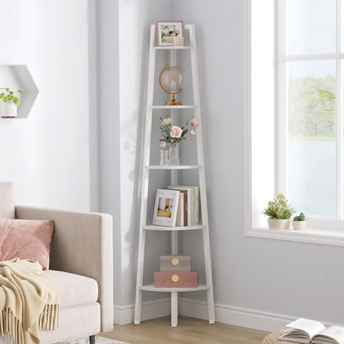 Hoctieon Corner Shelf, 5-Tier Corner Bookshelf, Rustic Ladder Shelf, Industrial Display Stand for Living Room, Kitchen, Home Office, Balcony, Small Space, Metal Frame, White by Hoctieon