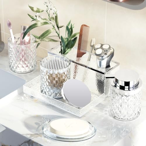 Glass Bathroom Accessories Set 5Pcs Crystal Clear- Foaming Soap Dispenser, Soap Dish, Cup, Acrylic Toothbrush Holder with Tray Organizer, Cotton Swab Jar, Bathroom Counter Set Sink Decor - Image 6