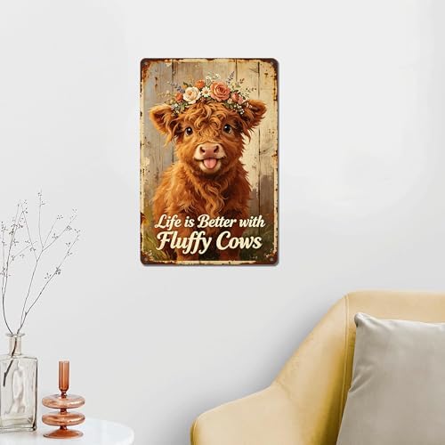Flower Crown Fluffy Highland Cow & Life Is Better With Fluffy Cows Quote, Rustproof Aluminum Vintage Wall Sign,Rustic Farmhouse Entryway Home Decor, Multipurpose Indoor Outdoor Hanging Plaque 8×12 Inch - Image 2