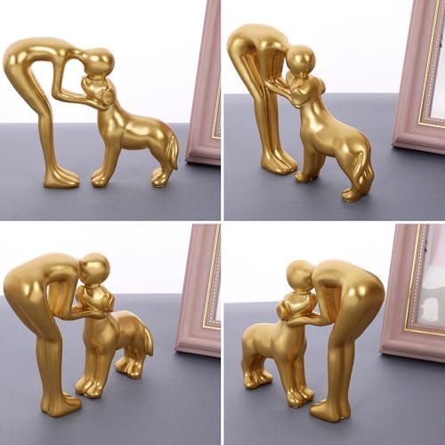 Man and Dog Statue Pet Decor for Home Office Memory Gift Golden - Image 4