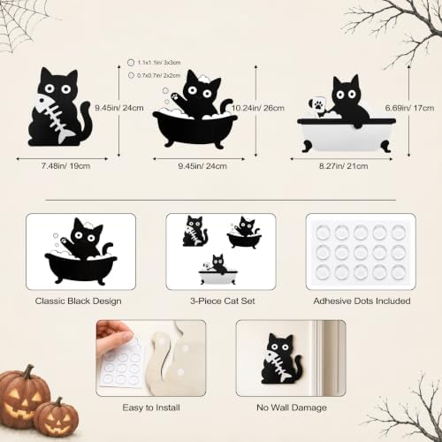 Lucky Merit Black Cat Halloween Bathroom Decor, 3 Pcs Wooden Cat Wall Art - Image 3