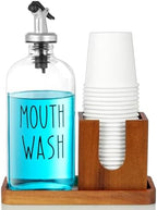 Glass Mouthwash Dispenser for Bathroom, 16 OZ Mouthwash Dispenser with Pour Spout and Acacia Wood Cup Holder and Tray, Mouth Wash Bottle Container, Farmhouse Kitchen Bathroom Decor and Accessories by Bivvclaz