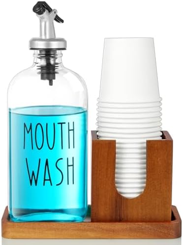 Glass Mouthwash Dispenser for Bathroom, 16 OZ Mouthwash Dispenser with Pour Spout and Acacia Wood Cup Holder and Tray, Mouth Wash Bottle Container, Farmhouse Kitchen Bathroom Decor and Accessories by Bivvclaz
