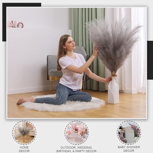 7 Pcs 45" Faux Pampas Grass – Fluffy Artificial Pompous Grass for Tall Floor Vase, Non-Shedding Home Decor, Boho Wedding Flowers, Baby Shower Centerpieces, Bedroom & Living Room Decor (Grey) - Image 3