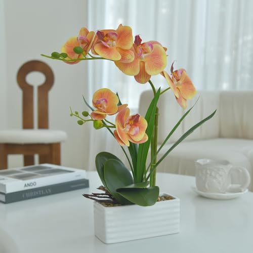 Artificial Real Touch Orchid Flowers with White Ceramic Vase, Orange - Image 5