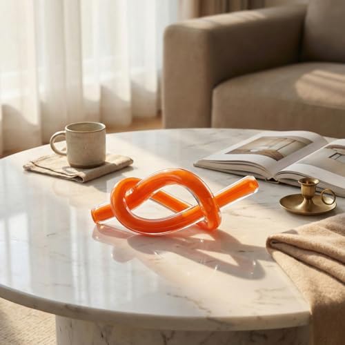 LCCCK Orange Abstract Glass Knot Sculpture, Hand Blown Glass Decor for Coffee Table TV Cabinet, Shelf or Mantel Accent, Modern Knot Art for Coastal Living Room Tabletop Knick Knacks - Image 3
