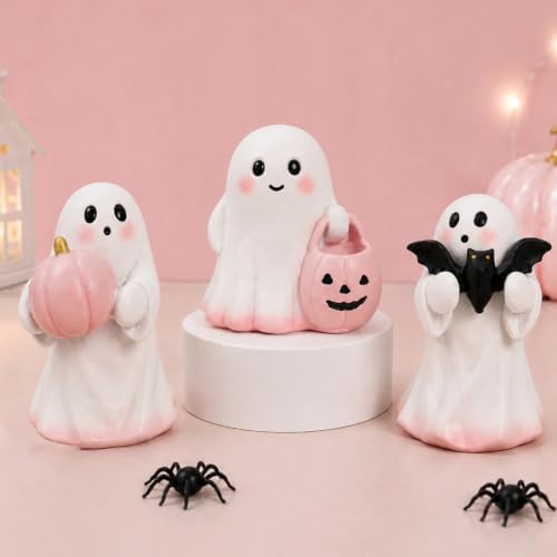 Halloween Ghost Decor, 3 Pcs Cute Pink Resin Ghost Figurines with Pumpkin, Candy Bowl & Bat, Small Halloween Decorations Indoor, Spooky Home Decor for Table, Shelf, Tiered Tray & Mantel by ilifemate