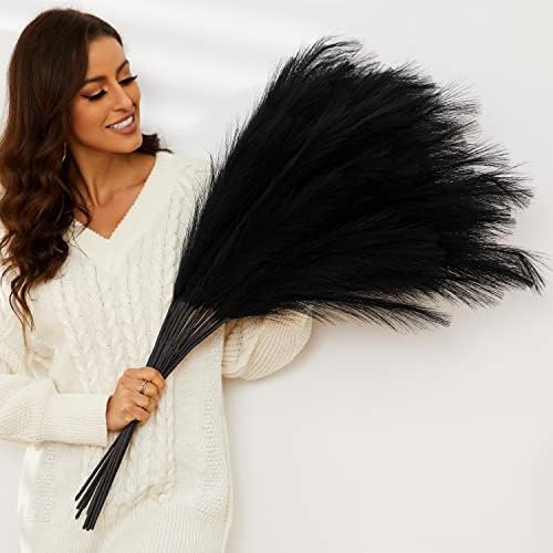 Black Pampas Grass, 9 PCS 37''/3.1FT Tall Fluffy Fake Pompas Floral, Large Artificial Pompous Grass Branches for Floor Vase Fillers, Boho Farmhouse Room Wedding Decor (Black) - Image 2